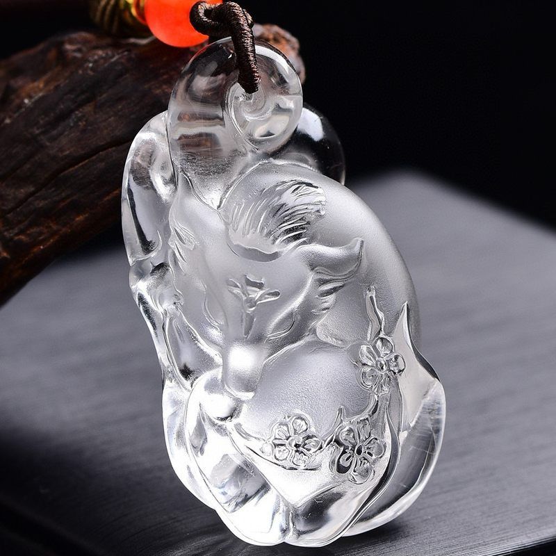 天然白水晶正反雕刻九尾狐睡桃花