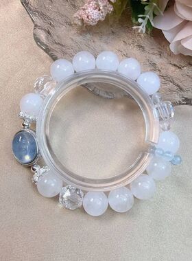 天然白幽灵10.5mm搭白水晶刻面方糖海蓝宝跑环魔盒轻奢手串S0715