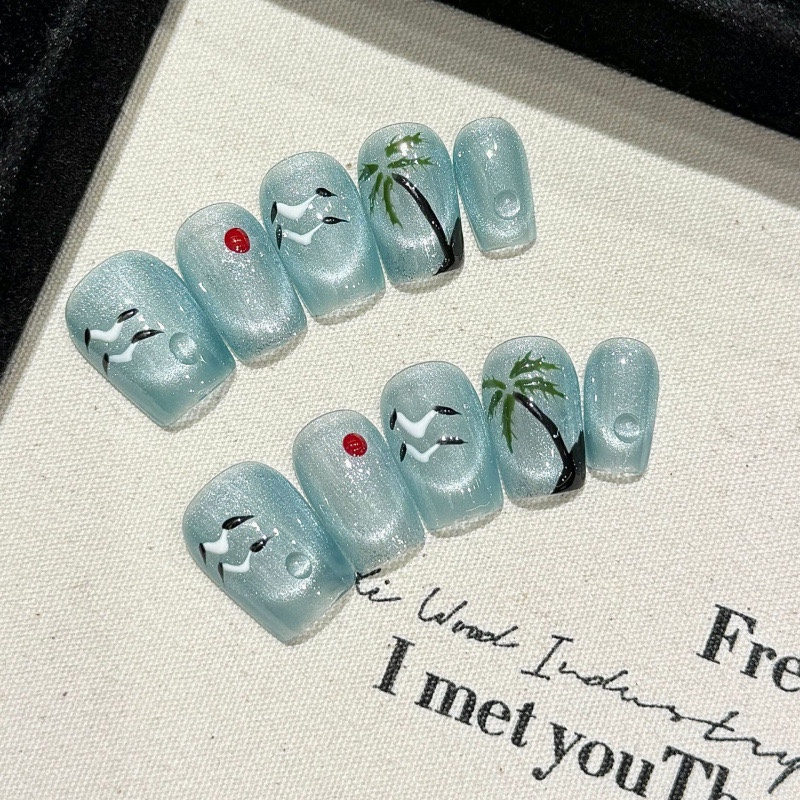 【椰子树下】纯手工穿戴甲蓝色椰子树猫眼小清新高级感日常显白美