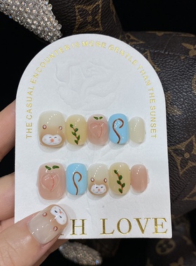 清货款手工穿戴甲手绘可爱十二生肖幸运色水蜜桃小猴短方圆成品