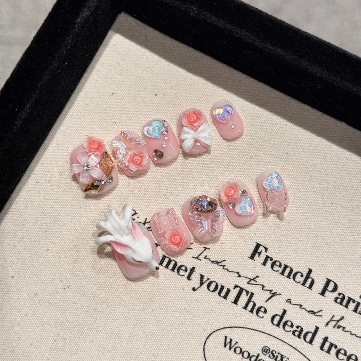 纯手工穿戴甲樱恋物语水晶温柔可爱穿戴甲蝴蝶结爱心贴钻风美甲