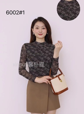 馨朴提春秋款大码妈妈打底衫百搭双层弹力网纱修身长袖女T恤6002#