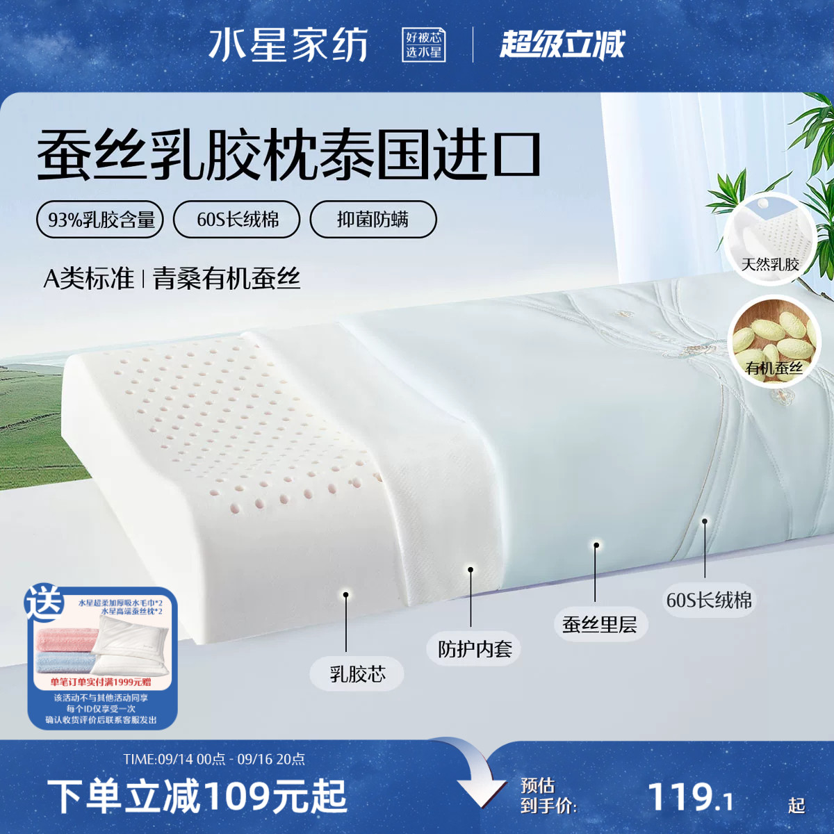 水星家纺泰国原液进口天然乳胶枕芯A类呵护颈椎枕头青桑有机蚕丝