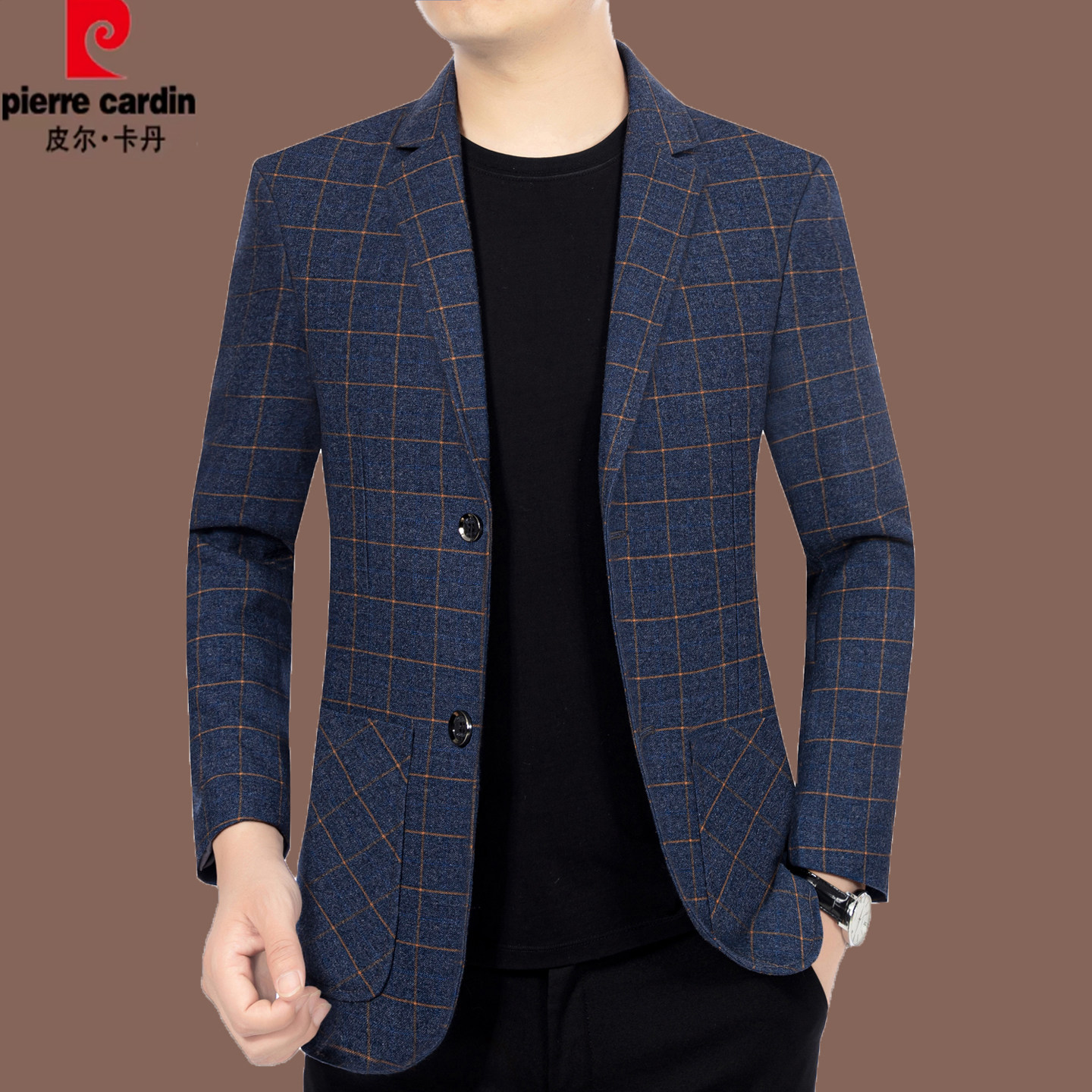 皮尔卡丹春秋新款中青年男西装薄款格子韩版修身西服上衣爸爸外套
