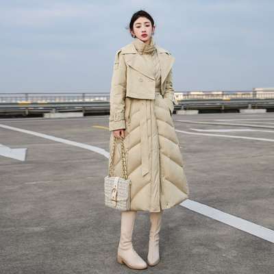 MILA丨2025冬季欧货风衣羽绒服女长款修身收腰两件套鸭绒加厚外套
