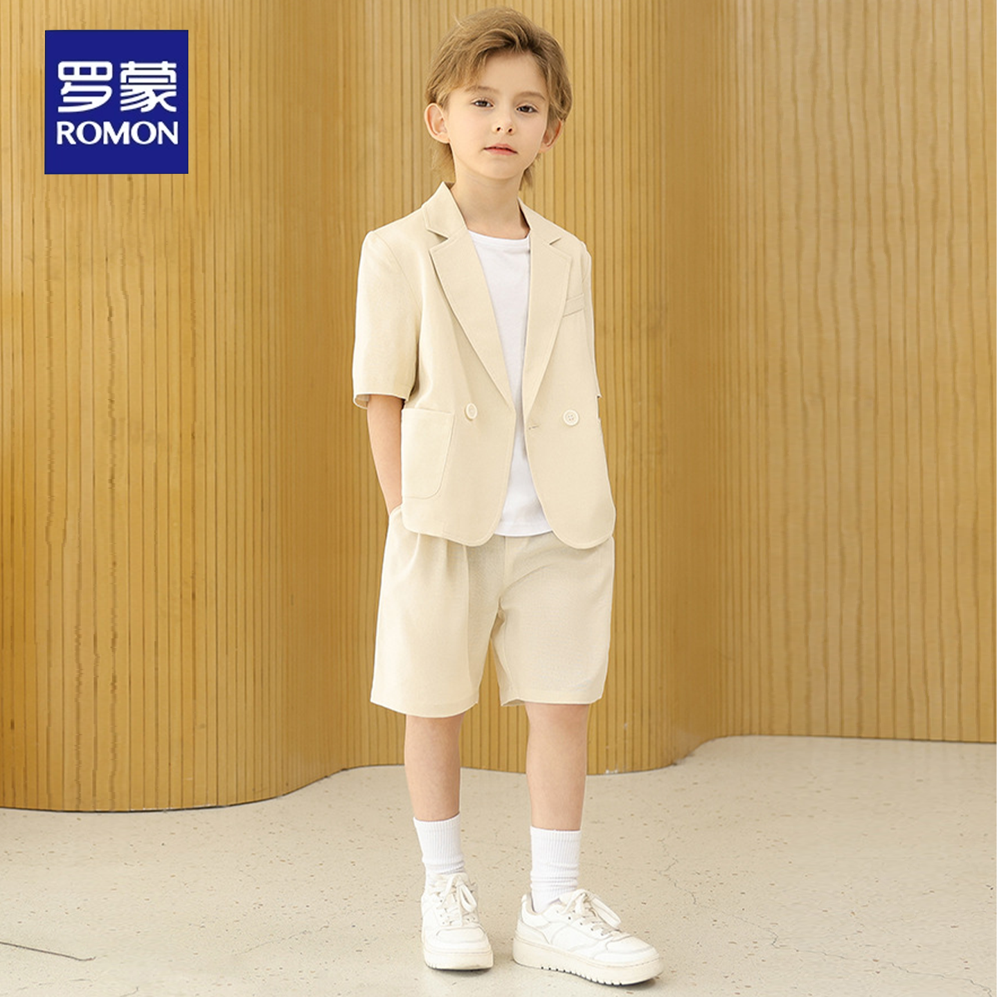 罗蒙男童休闲西服夏季新款短袖西装花童儿童走秀主持人礼服套装LB