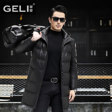 海宁冬季男士真皮皮衣头层小牛皮夹克中长款连帽羽绒服修身外套厚