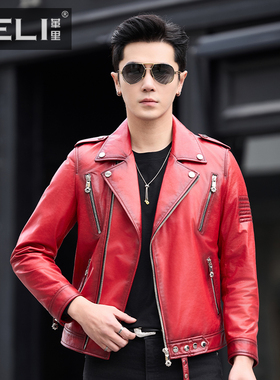大红色男士真皮皮衣头层山羊皮夹克短款西装领哈雷机车时尚外套潮