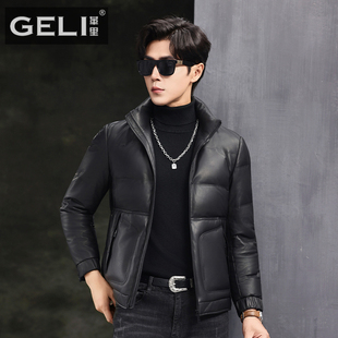 秋冬新款鹅绒羽绒服真皮皮衣男头层绵羊皮夹克短款立领时尚外套厚