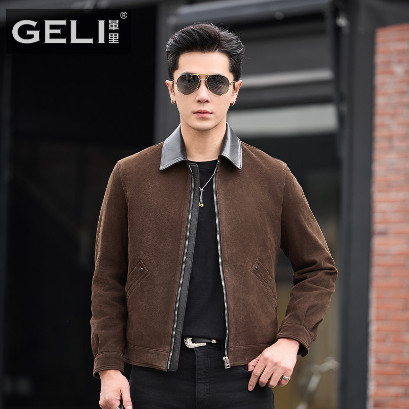 2025新款男士真皮皮衣头层山羊皮夹克短款翻领机车复古棕色外套潮