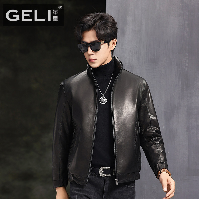 海宁冬季新款男士真皮皮衣头层山羊皮夹克短款立领鹅绒羽绒服外套