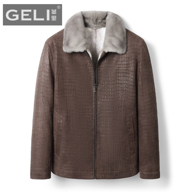 冬季高端进口绵羊皮鳄鱼纹真皮皮衣男整貂十字貂内胆皮毛一体外套