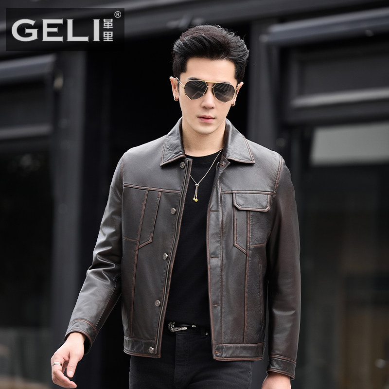 新款男士真皮皮衣头层山羊皮夹克短款翻领机车复古擦色工艺外套潮