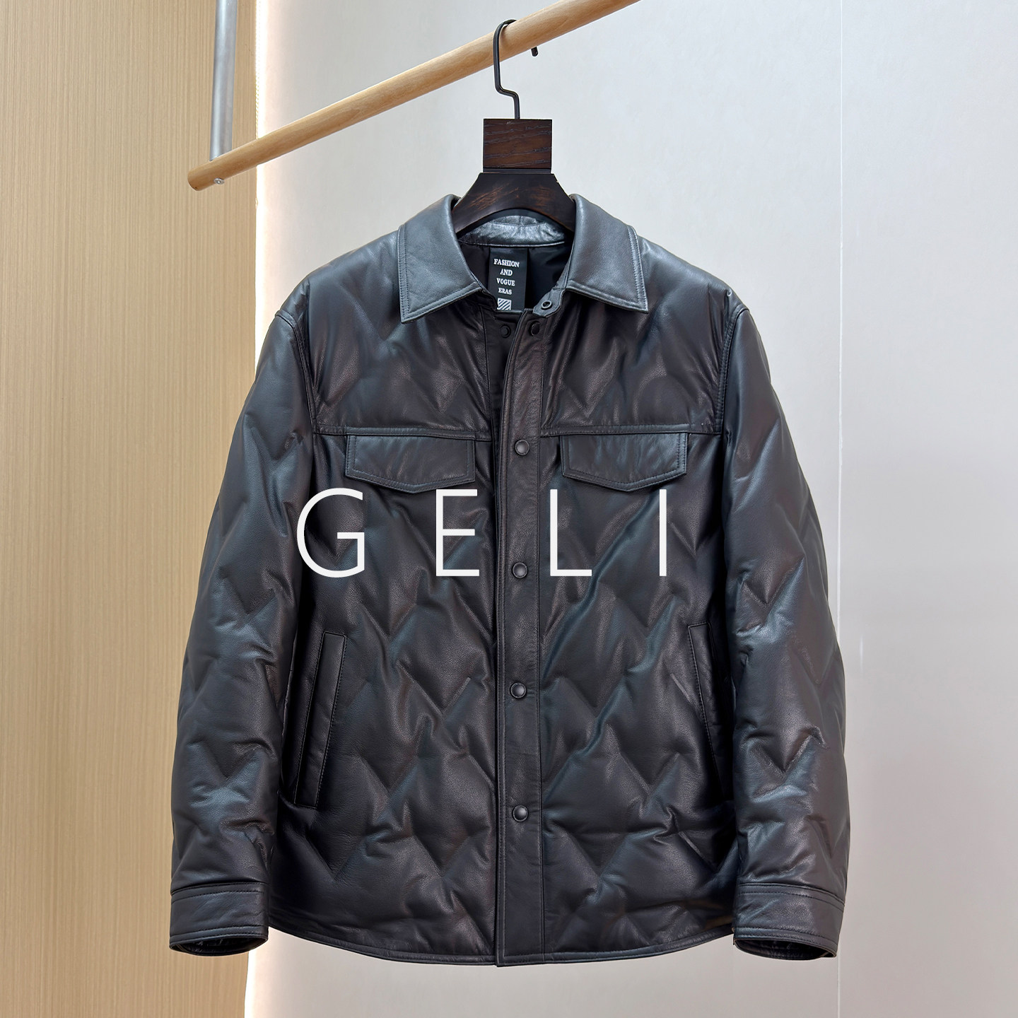 GELI冬季头层牛皮白鹅绒皮衣男