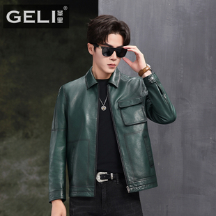 新款墨绿色真皮皮衣男头层绵羊皮夹克短款翻领修身时尚机车外套潮