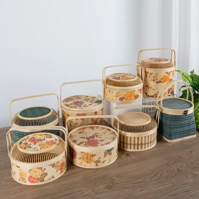 圆形竹篮竹筐竹编中秋月饼包装蓝竹盒礼品篮大小号精美竹篮子娲糠