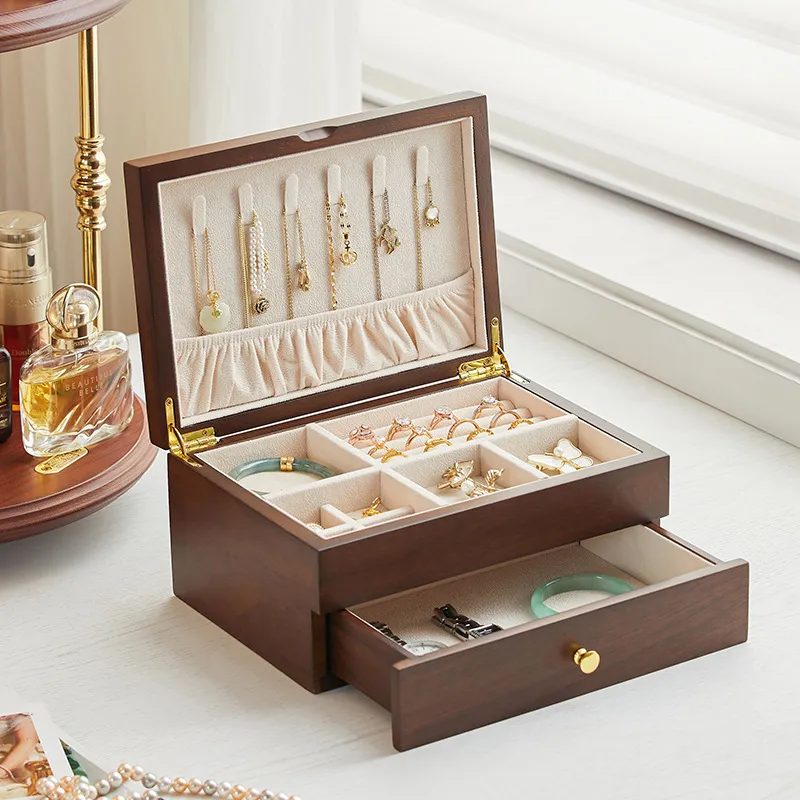 实木大容量首饰收纳盒高档精致抗氧化抽屉式项链耳环饰品珠宝盒