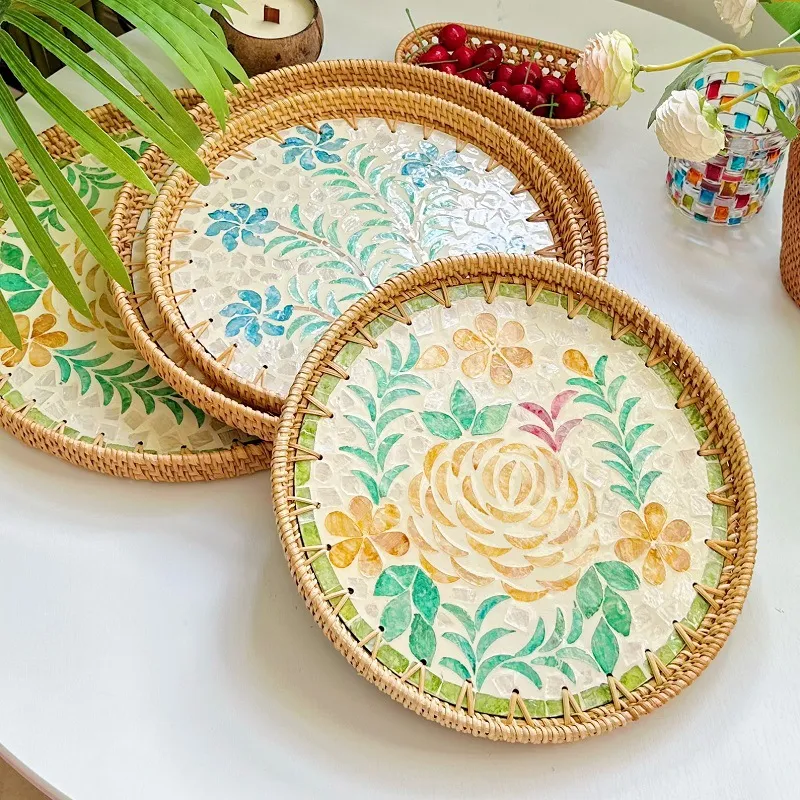 越南藤编托盘贝壳水果盘藤篮编织早餐篮日式竹编面包筐点心篮子圆