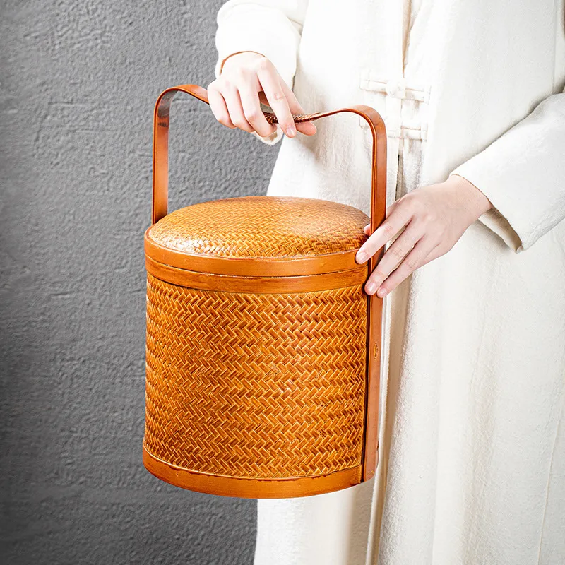 复古竹编提篮多层食盒茶具收纳盒手提月饼礼品盒带盖提盒家用厂供