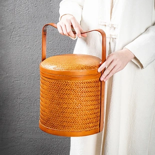 复古竹编提篮多层食盒茶具年货点心收纳盒手提新年礼品盒带盖提盒