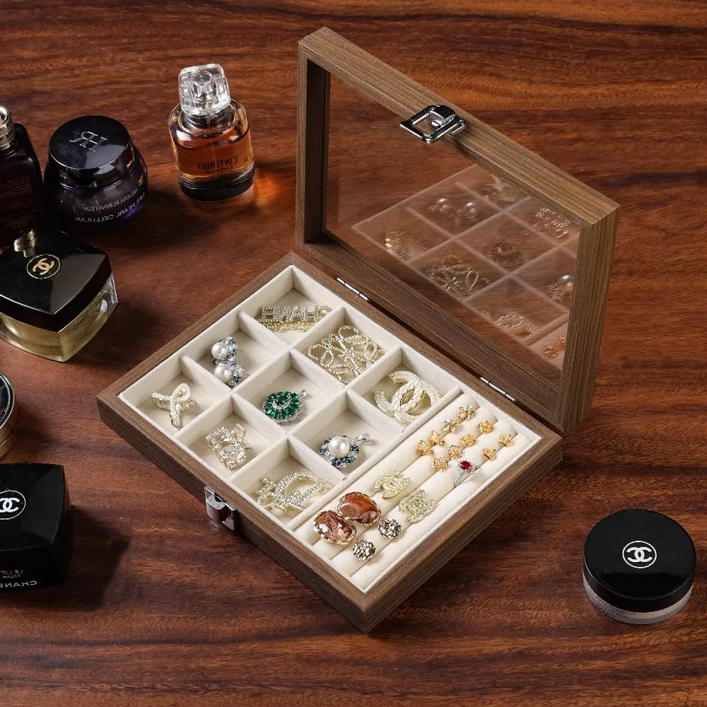 便携珠宝展示盒白底子胡桃木色高级感精致复古黑胡桃木质轻首饰盒