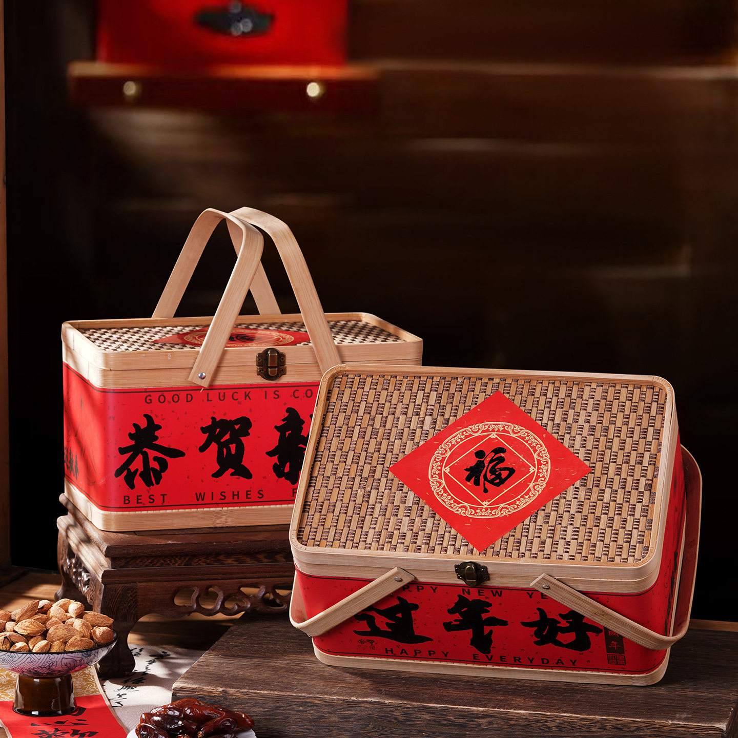 新年礼品提篮方形单层竹盒包装篮