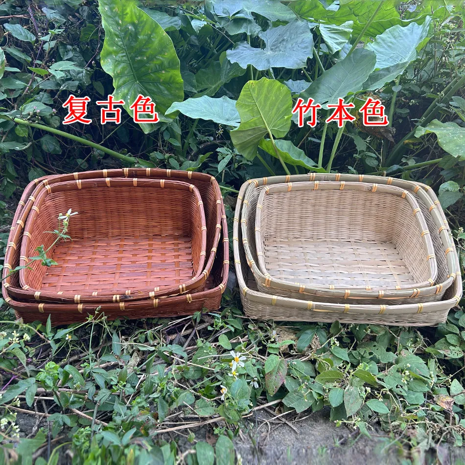 竹编方筐放海鲜市场餐饮店食材展示手工编织长方收纳篮四方竹筐