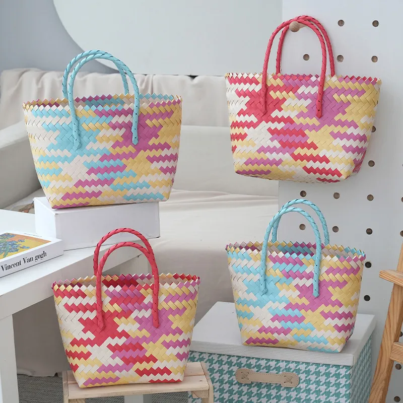 蔷薇色手工编织彩色编织包包沙滩包菜篮子手提大容量度假粉色包包