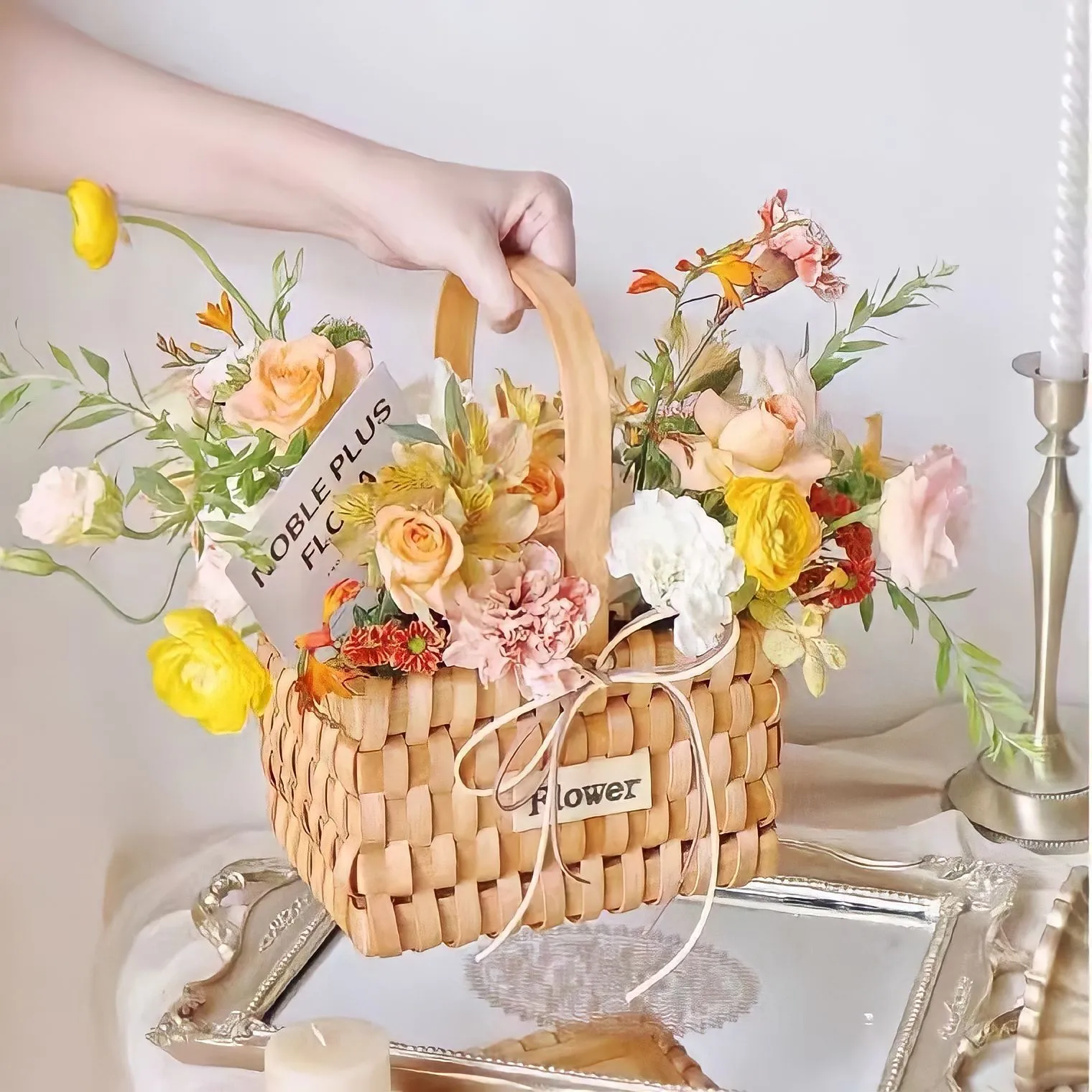 手工编织手提木片花篮迷你小提篮