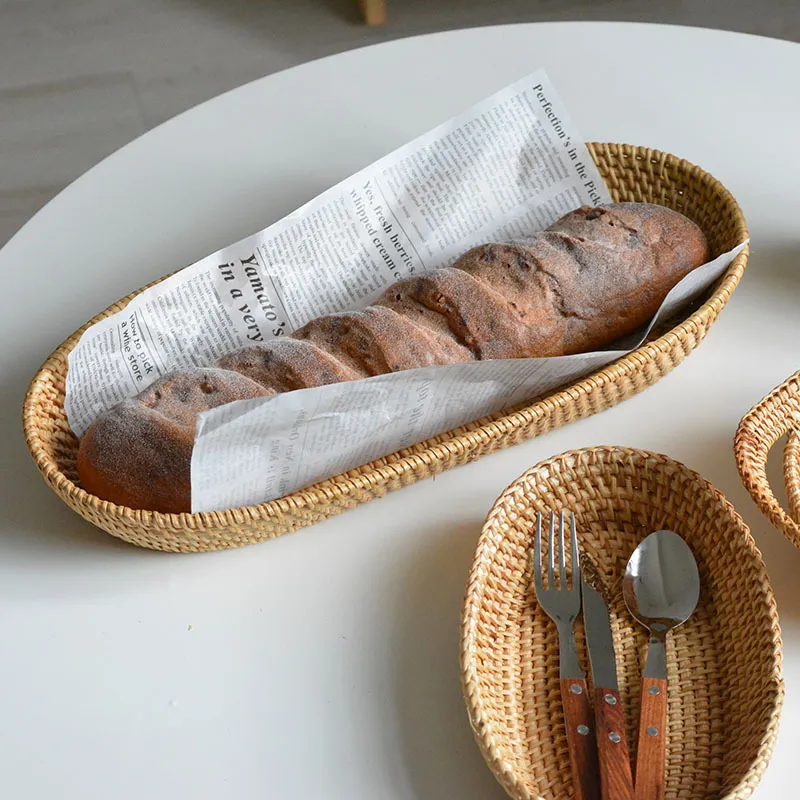 北欧藤编筐木质编织筐水果盘面包零食杂物馒头餐桌茶几桌面收纳篮