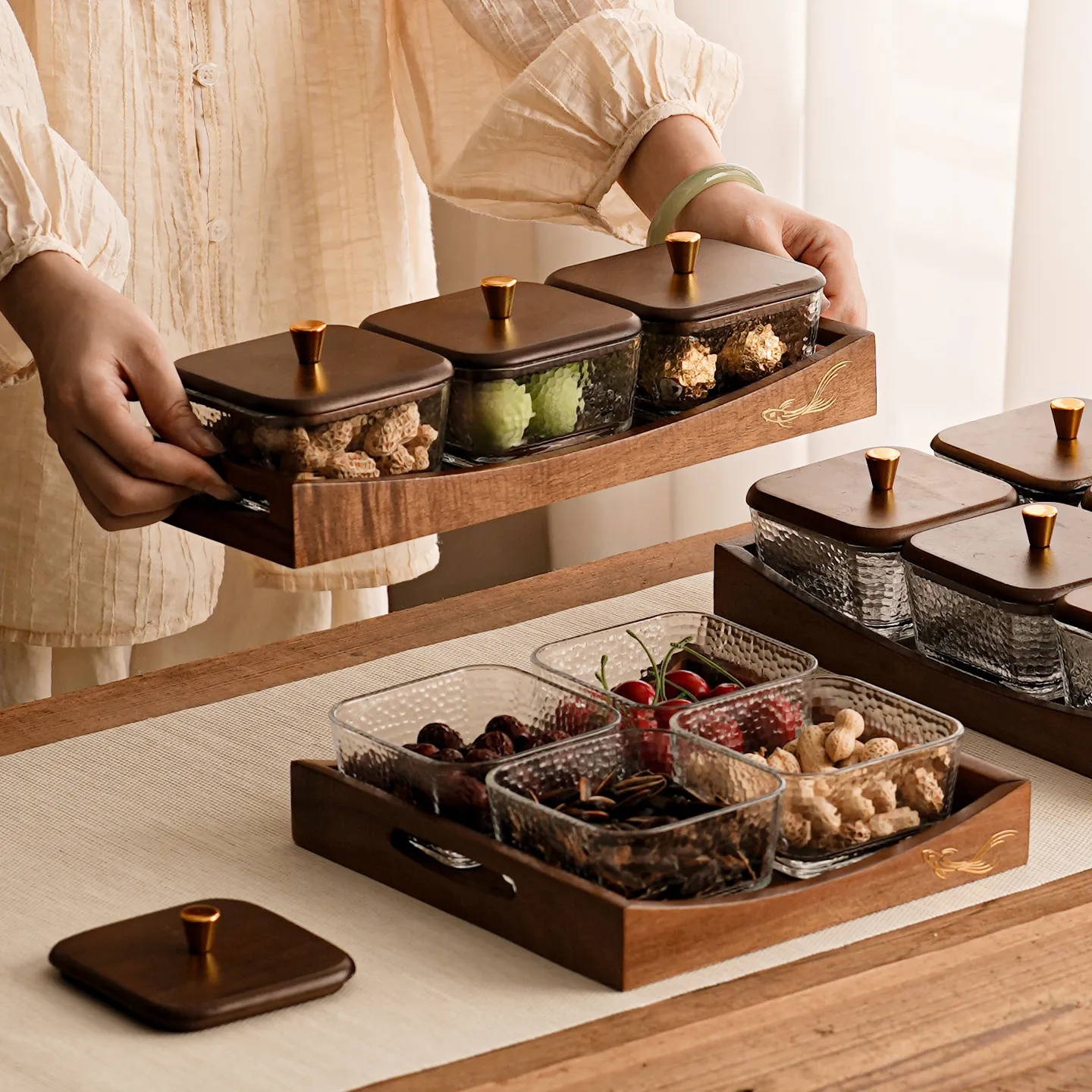 复古胡桃木干果盘零食坚果盘分格茶点托盘家用客厅茶几糖果干果盘