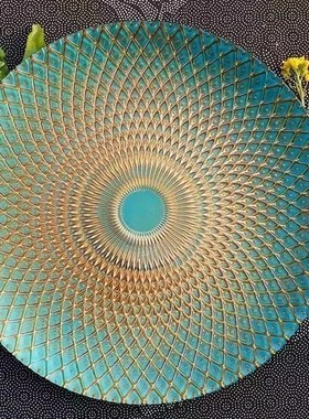 欧式轻奢水晶玻璃盘雀尾纹金绿色水果盘圆形西餐盘装饰盘宴会底盘