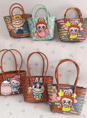 谢师晏编织手提收纳篮卡通拉布布帖花度假休闲时尚单肩手提女包