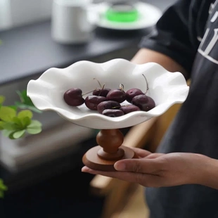 中古风高脚果篮家用茶几零食木质水果盘陶瓷干果盘托盘高脚茶点盘