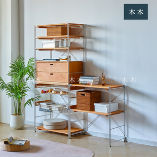 纯实木日式不锈钢樱桃木落地置物架厨房微波炉烤箱收纳金属陈列架