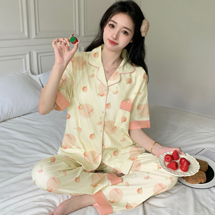 ins甜美桃子印花夏季 中年睡衣女短袖 新款 薄款 外穿 长裤 家居服套装