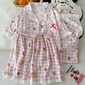 短袖 韩版 可爱风夏季 睡衣三件套Mikko格纹印花荷叶边外穿居家服女