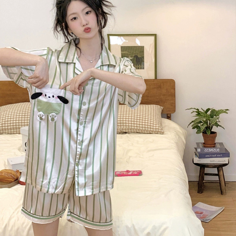 ins风帕恰狗条纹夏季冰丝睡衣女短袖短裤学生宿舍小众外穿家居服