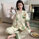 新款 长裤 夏季 小鹿树叶印花短袖 外穿 小清新中年睡衣家居服套装 开衫