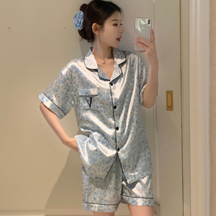 网红轻奢蓝色豹纹ins风冰丝睡衣女款 高颜值家居服三件套 夏季 短袖