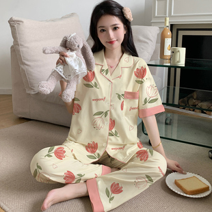 开衫 花卉中年睡衣女短袖 长裤 外穿 家居服套装 新款 简约休闲夏季 中式