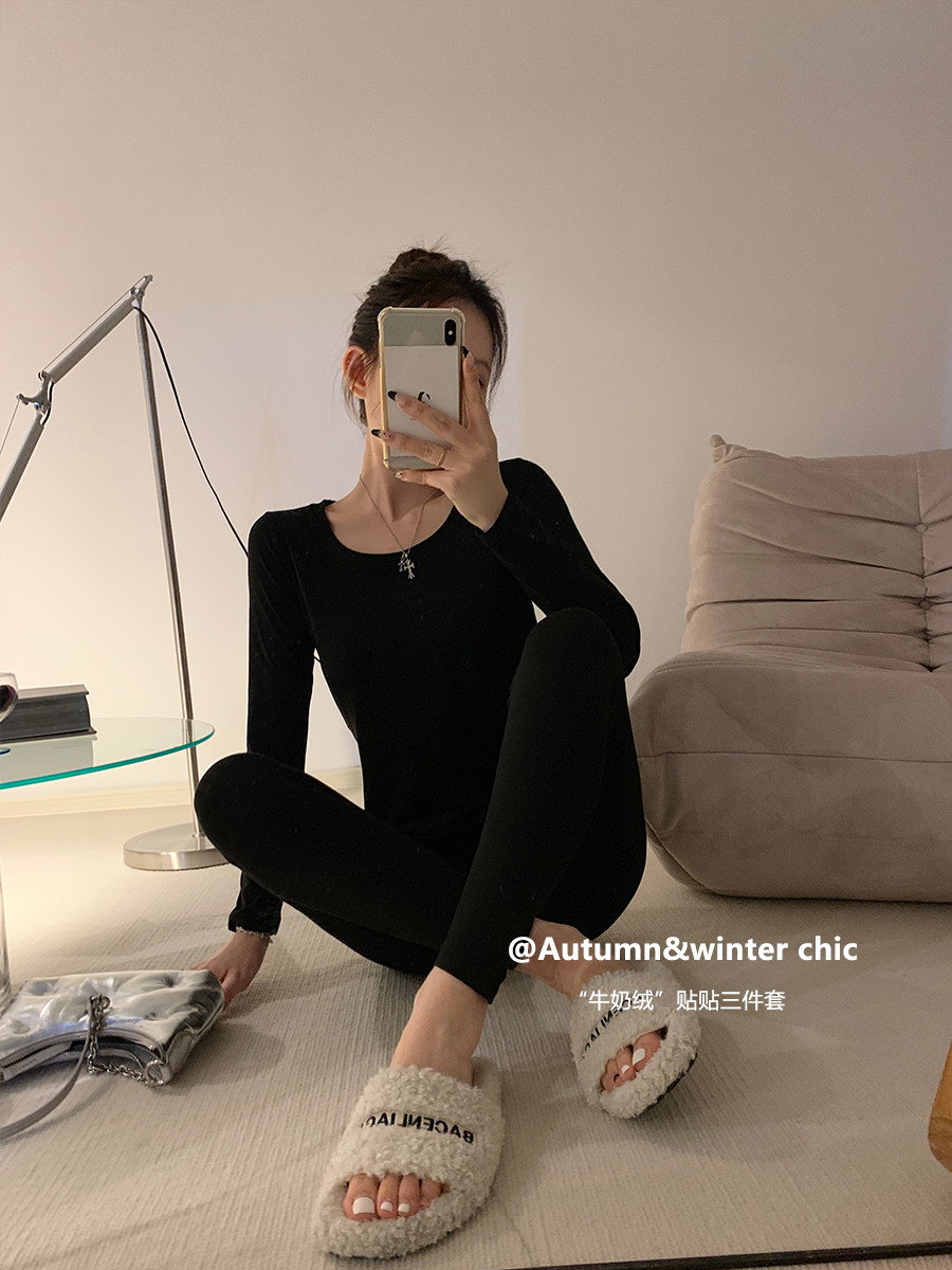 haodagirl牛奶绒贴贴三件套秋冬保暖内衣套装女背心长袖打底长裤