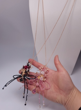 一梦星河原创设计粉黑玫瑰蝴蝶结手作lo项链典雅毛衣链复古长项链