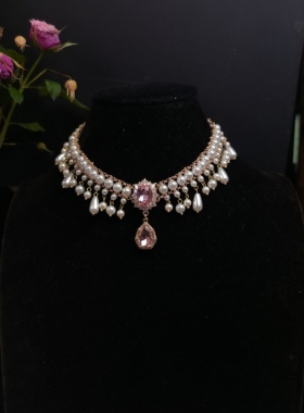 一梦星河/原创设计复古风粉色水滴流苏珍珠项链异域风礼服项链