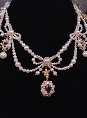 原创珍珠蝴蝶结洛丽塔复古锁骨链项圈仙气多层手作项链