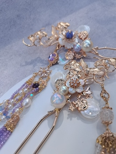 一梦星河原创汉服配饰紫色白色水晶重工流苏白蝶贝发簪仙鹤发饰