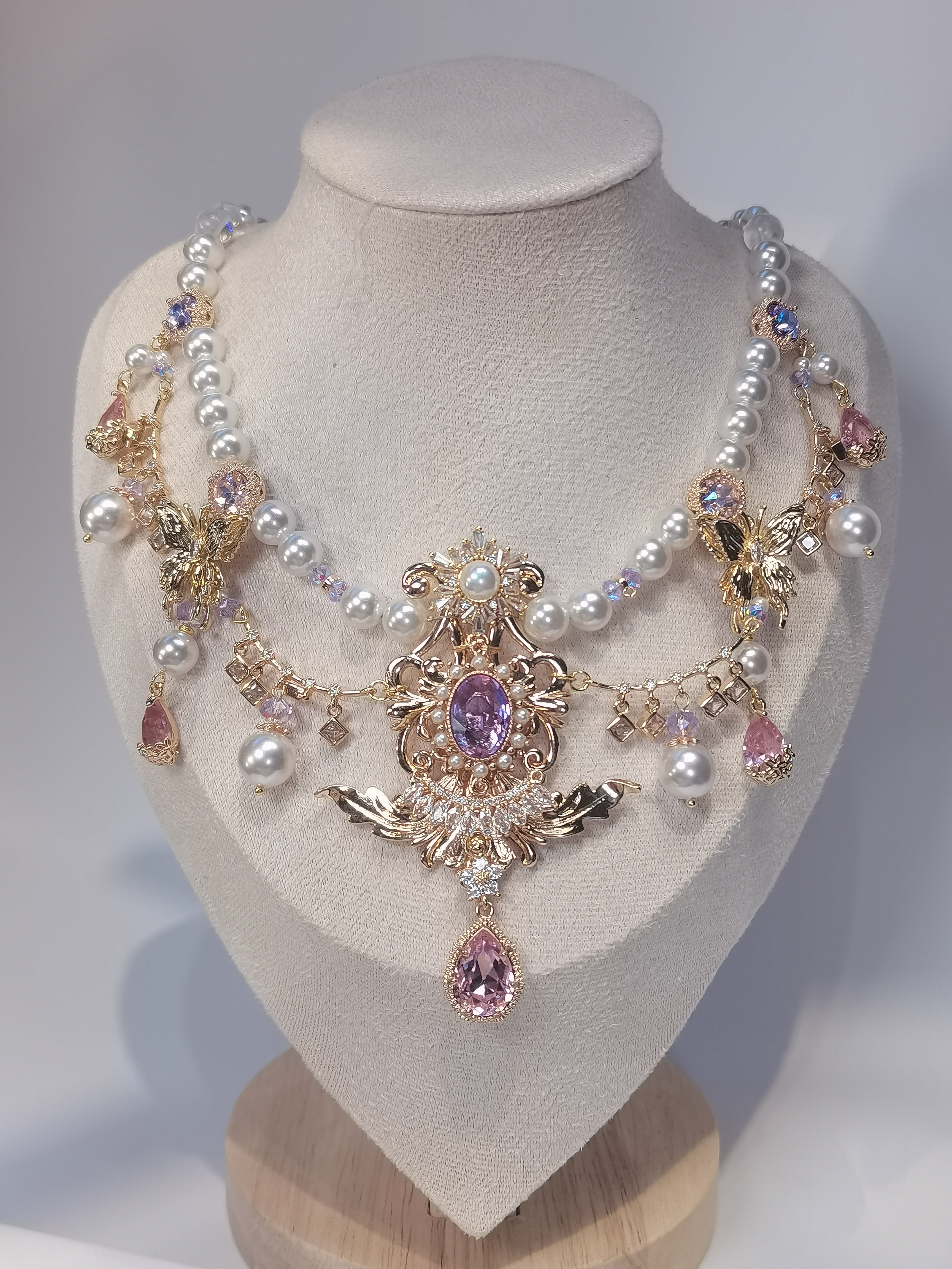 一梦星河/原创设计复古风紫色锆石粉色珍珠项链异域风项链礼服