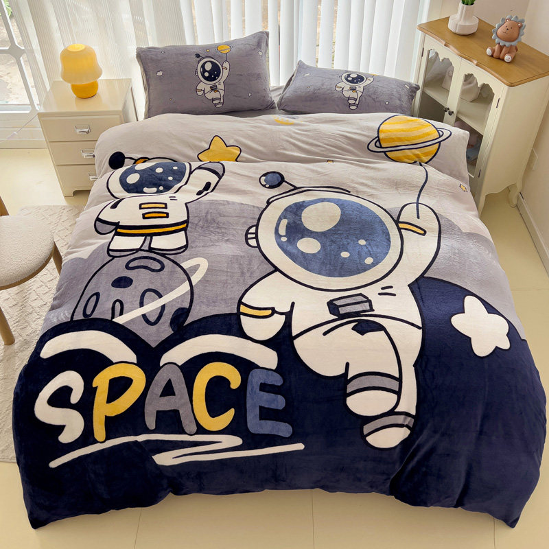 A类母婴级卡通大版印花双面牛奶绒宿舍三件套床单款床笠款四件套