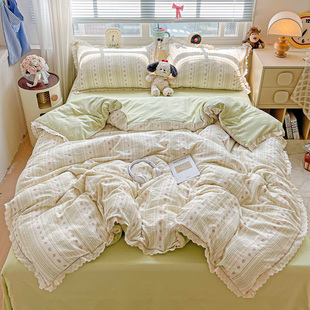 2025新款亲肤透气云感化纤面料皱皱双层纱防螨三件套四件套