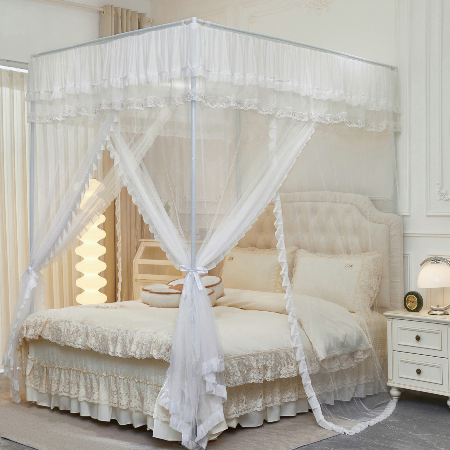 新款豪华三开门落地式方形蚊帐加密帐纱卧室蕾丝花边落地宫廷蚊帐